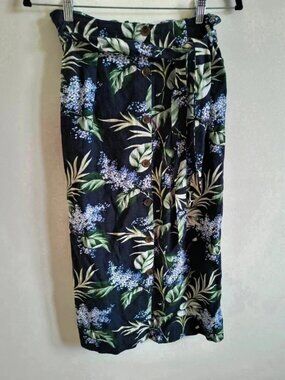 Oasis navy floral linen rich midi skirt Size 8 button up tie waist belt